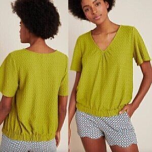 SUNDAY IN BROOKLYN ANTHROPOLOGIE ANTHRO Sidonie V-Neck Top Green Textured Blouse
